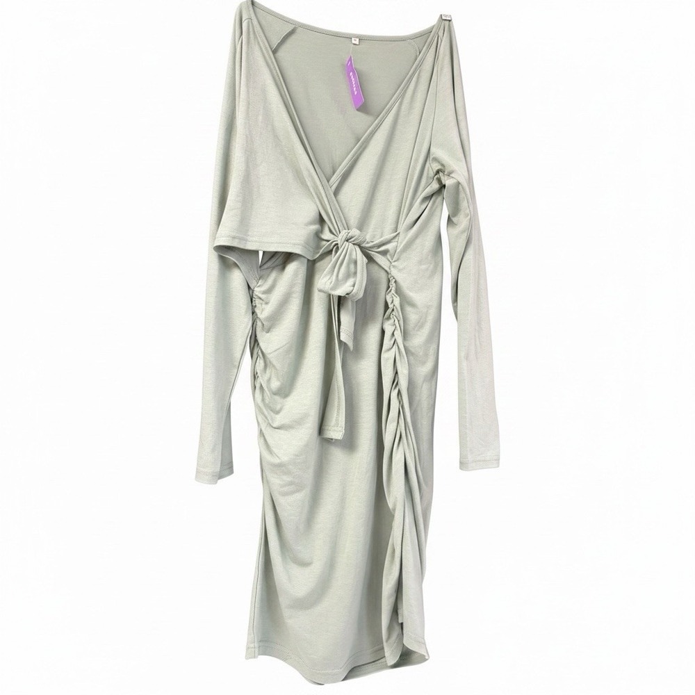 Ecavus Womens Maternity Dress XL Light Green V-Neck Long Sleeve Gown